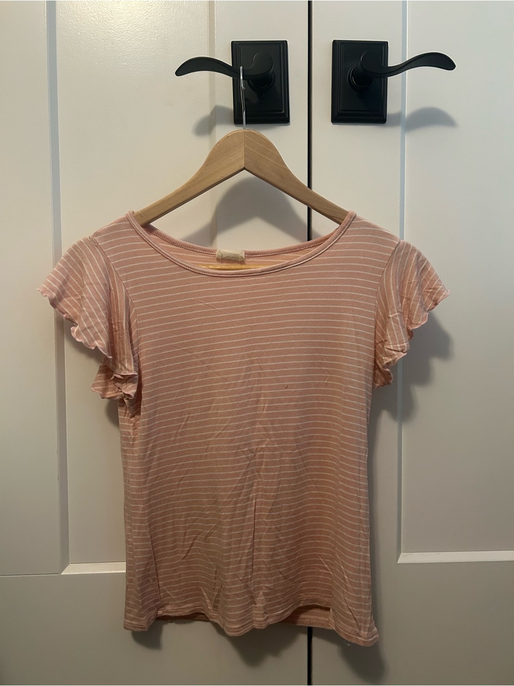 Caution To The Wind Pink & White Striped Ruffle Sleeve Tee